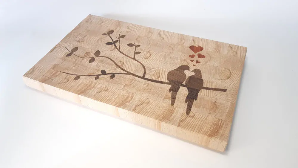 Prkénko hrdličky - příčně skládané (inlaid end grain) buk wenge a padouk 40x25x4 cm